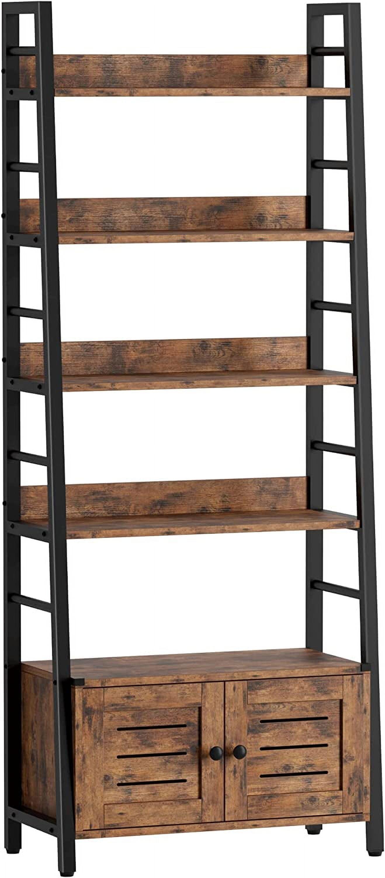 Rustic Brown 4-Tier Ladder Bookshelf with Louvered Doors