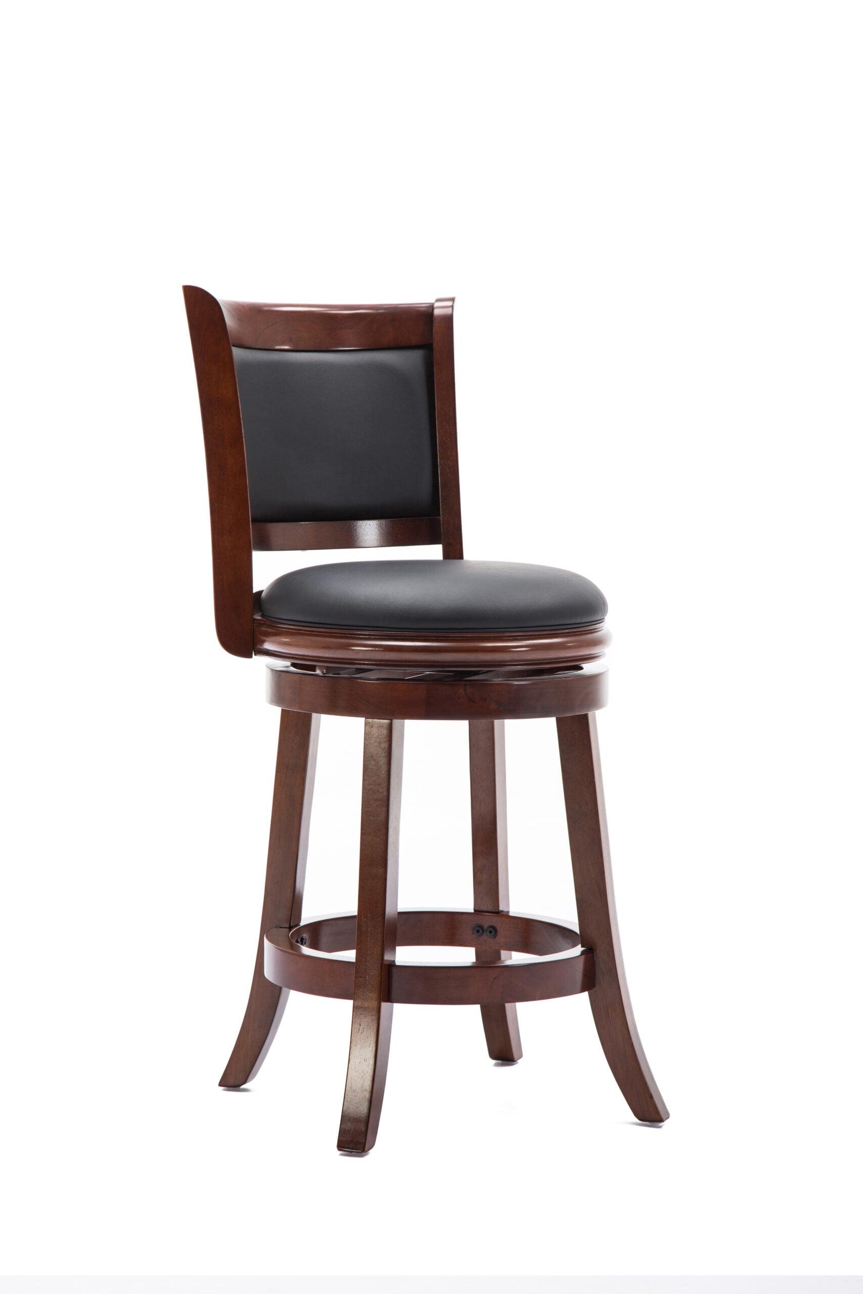 Cherry Wood Swivel Counter Stool with Black Leather Upholstery