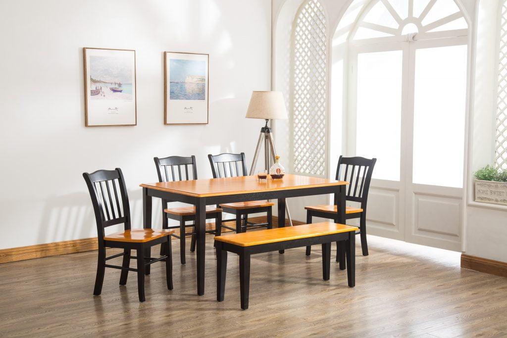 Boraam 6pc Shaker Dining Set Wood/Black/Oak : Includes Bench, Mid-Century Modern Style, Seats 6