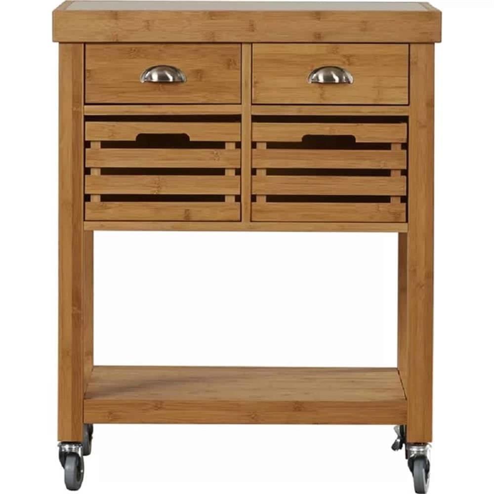 Natural Bamboo Kitchen Cart with Stainless Steel Top and Storage