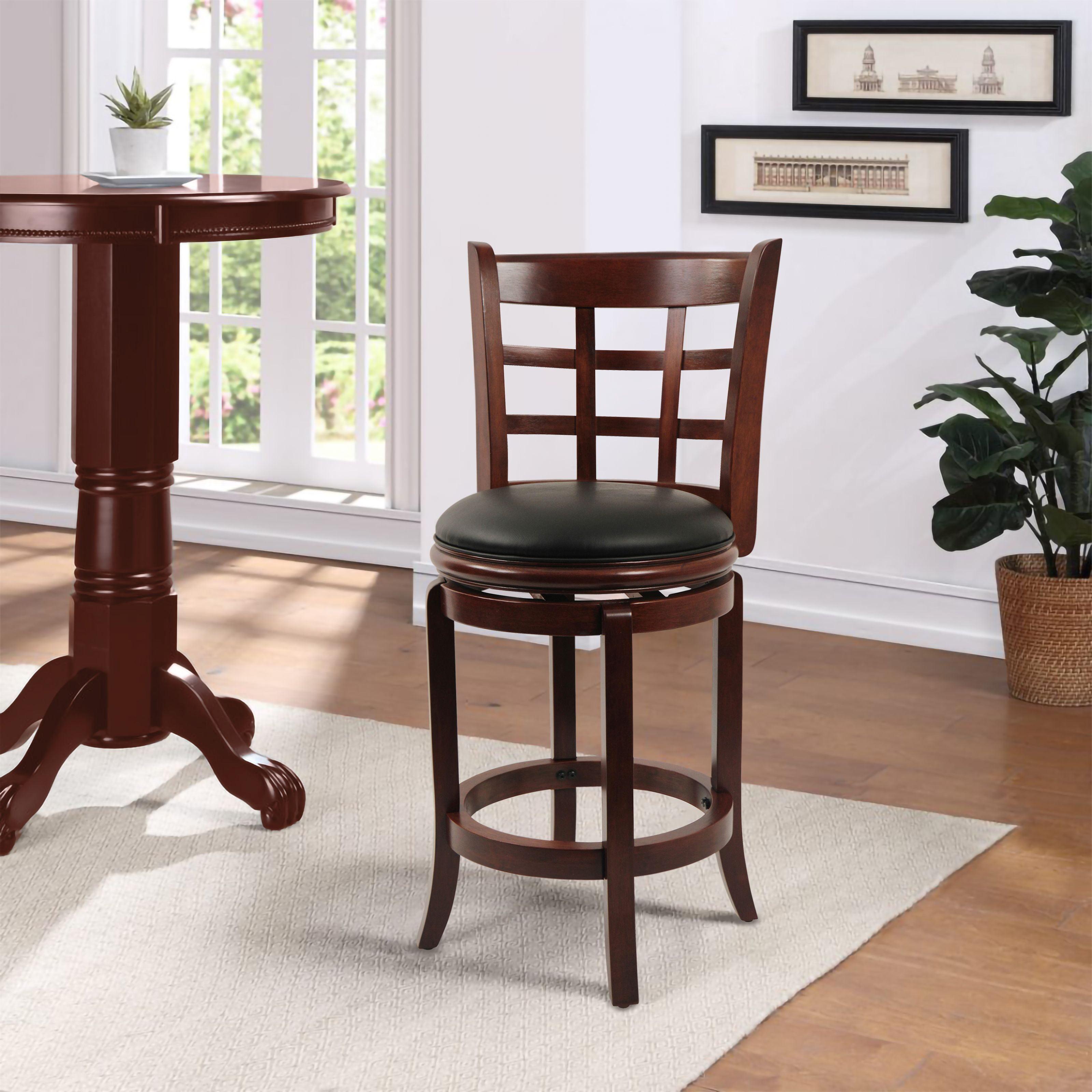 Kyoto 24" High Back Swivel Counter Stool in Cherry with Black Leather