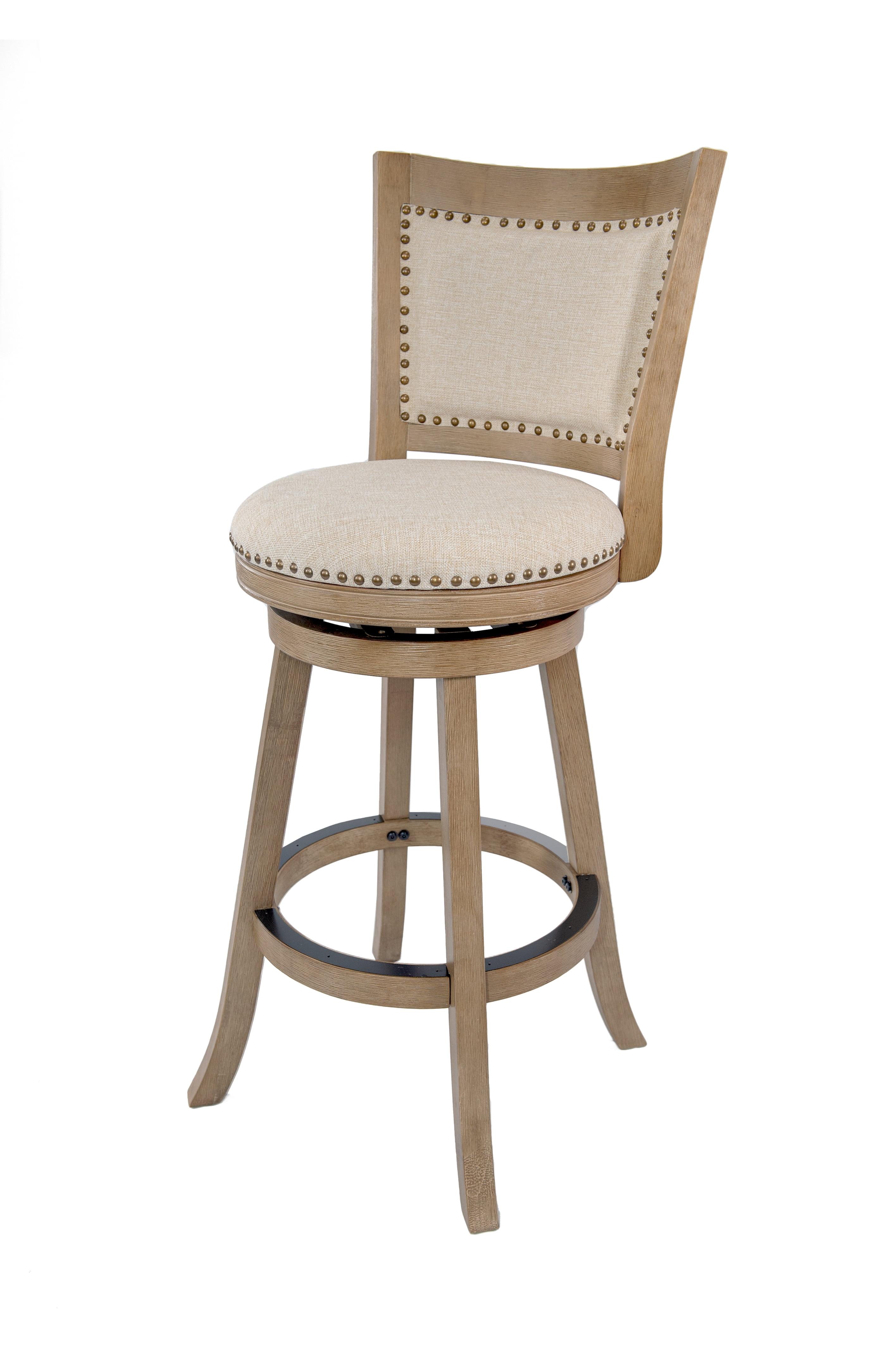 Driftwood Wire-Brush Swivel Barstool with Linen Upholstery and Brass Nailheads