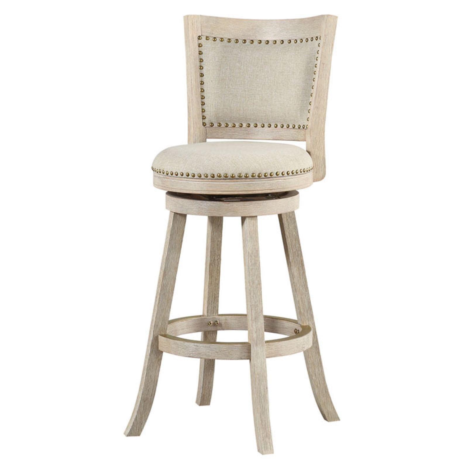 Ivory Wire-Brush Swivel Wood Bar Stool with Linen Upholstery