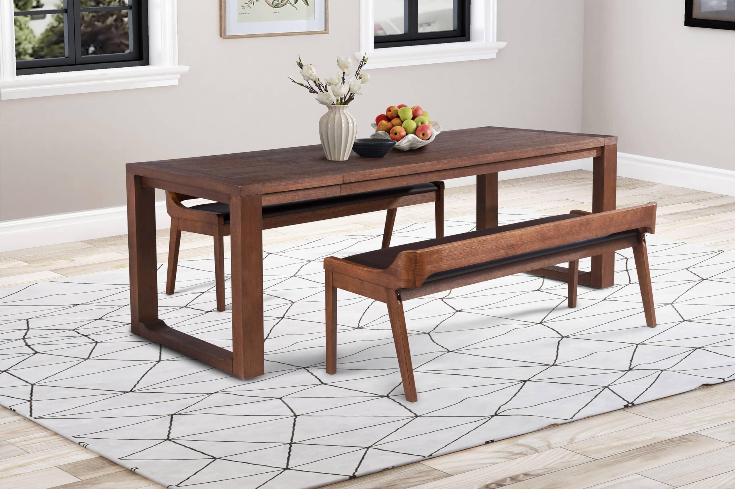 Boraam 3pc Rasmus Dining Set Chestnut Wire Brush Finish: Mid-Century Modern, 2 Benches, Seats 8