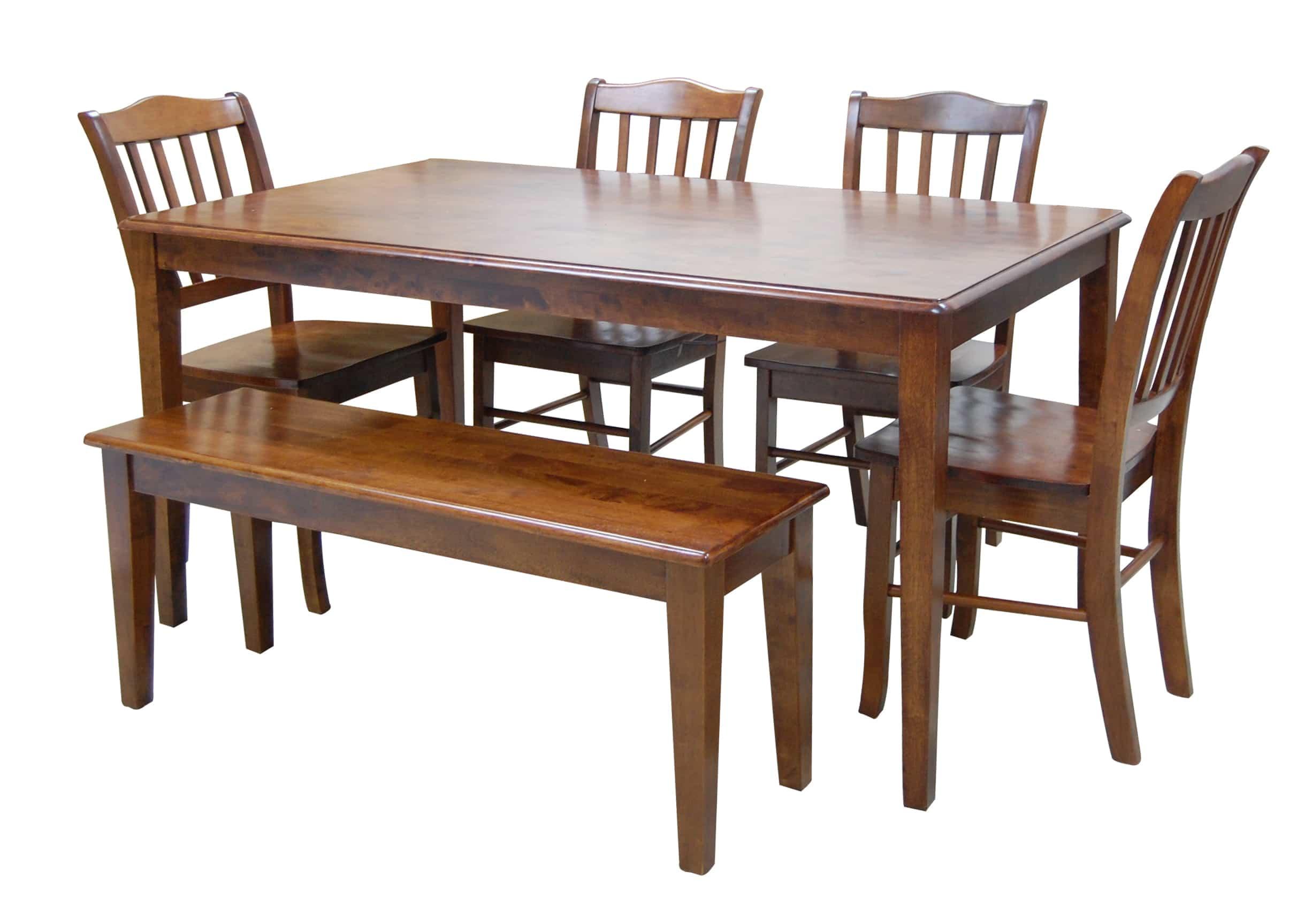 Boraam 6pc Shaker Dining Set Walnut: Modern Rubberwood Furniture with 4 Chairs & 1 Bench