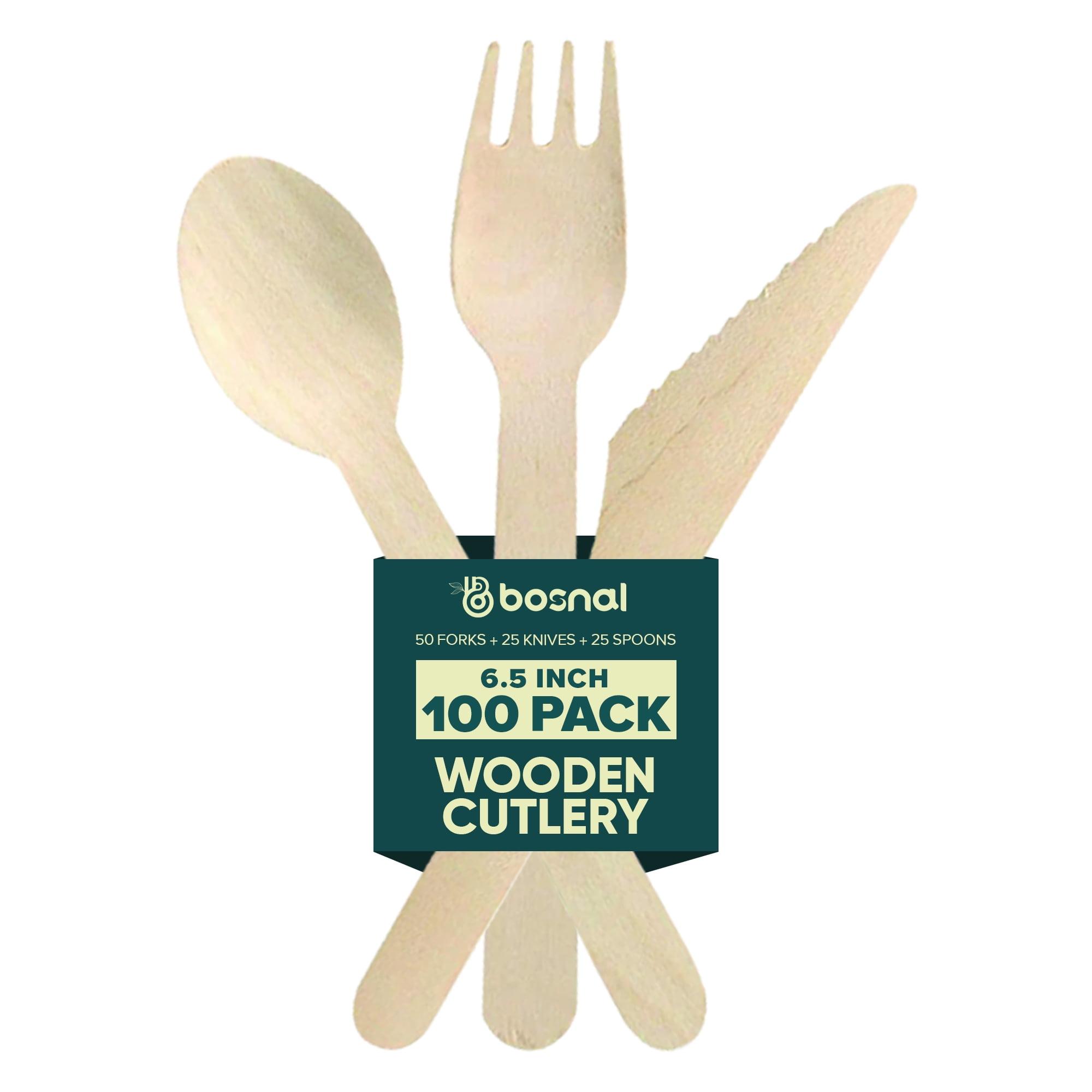 Bosnal Wooden Disposable Forks Knives and Spoons Cutlery Set, 100 Pcs