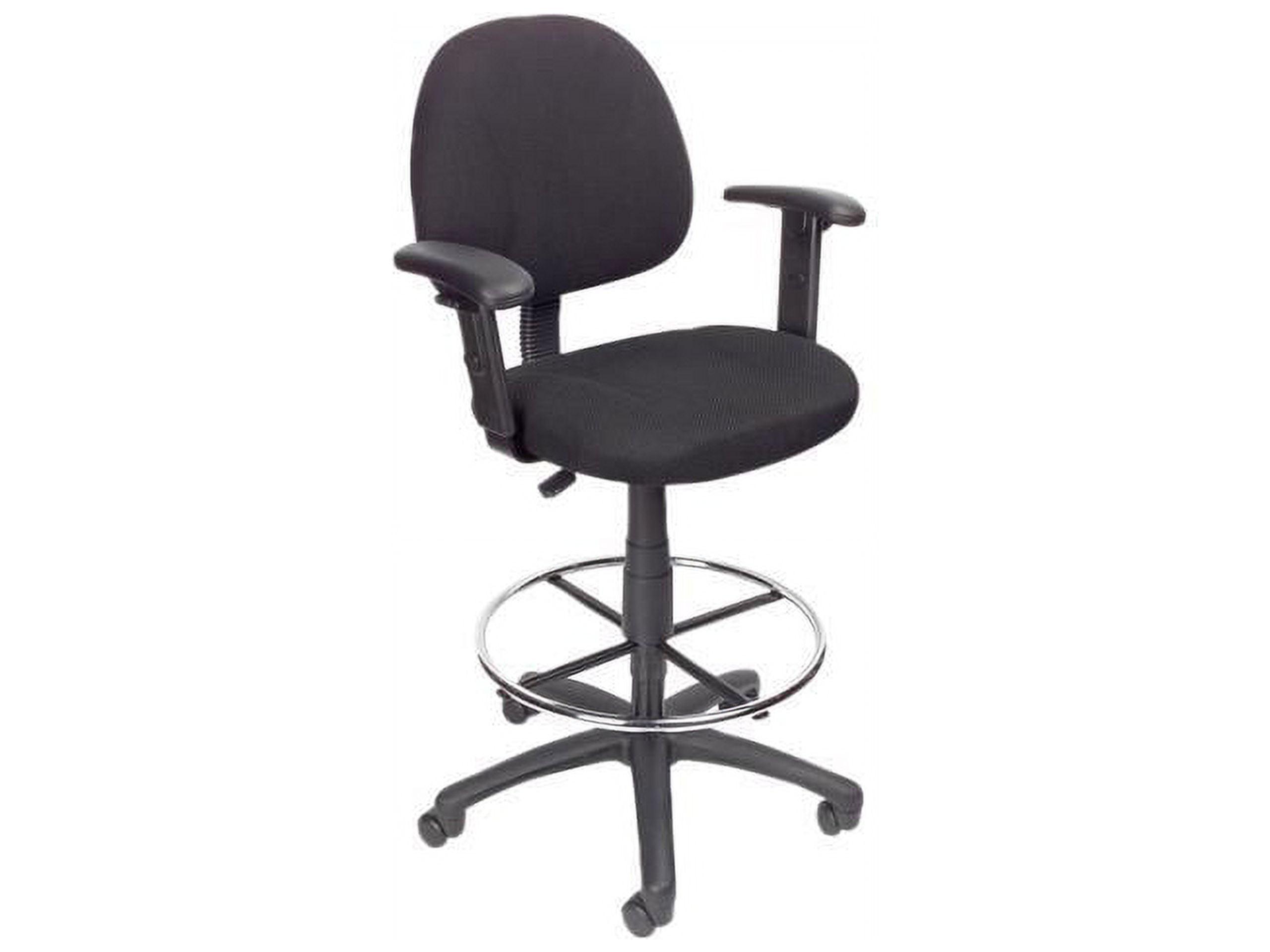 ErgoComfort Black Tweed Drafting Stool with Adjustable Arms and Chrome Footring