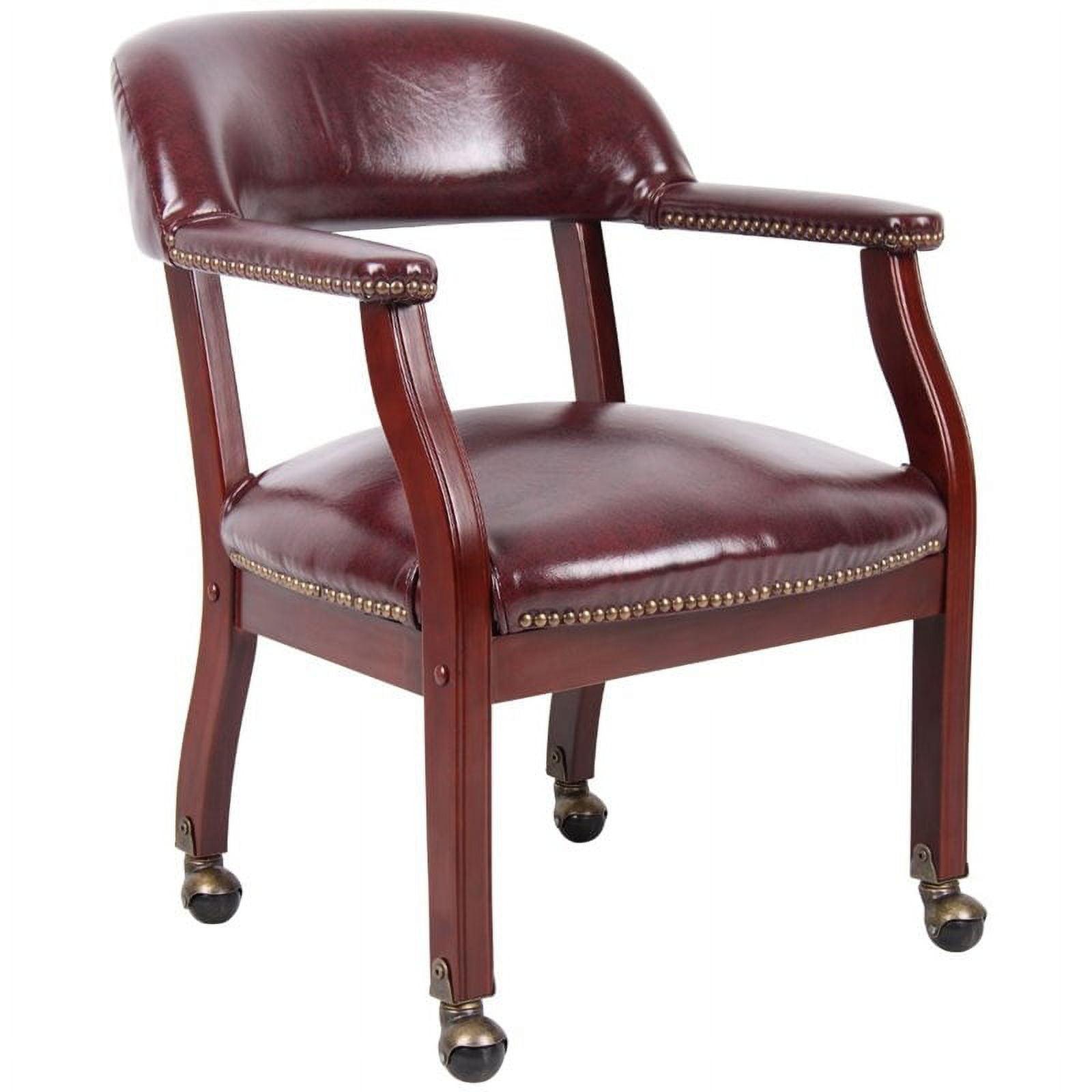 Regal Burgundy Vinyl Captain's Chair with Mahogany Wood Base