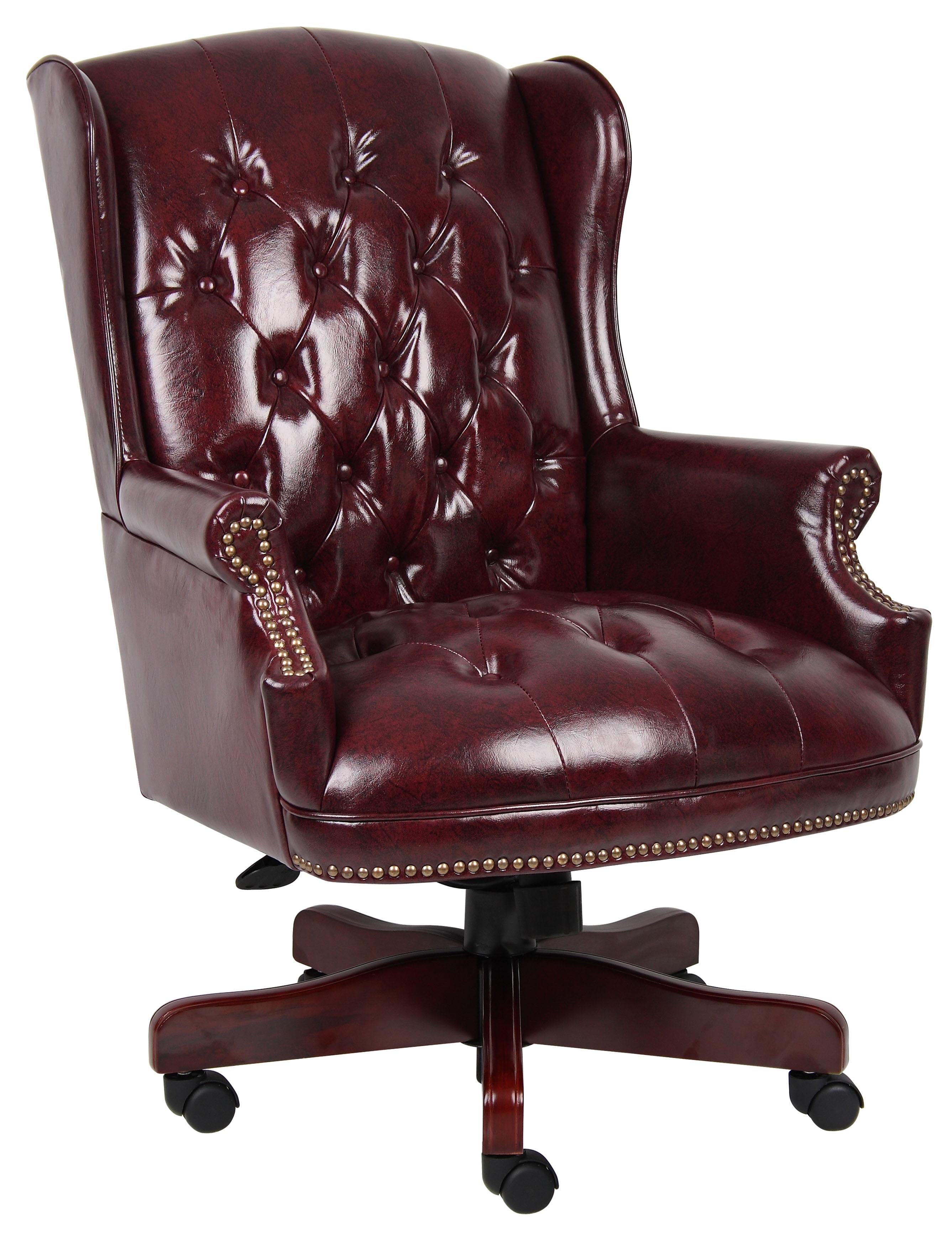 Burgundy High-Back Vinyl Executive Swivel Chair with Mahogany Wood