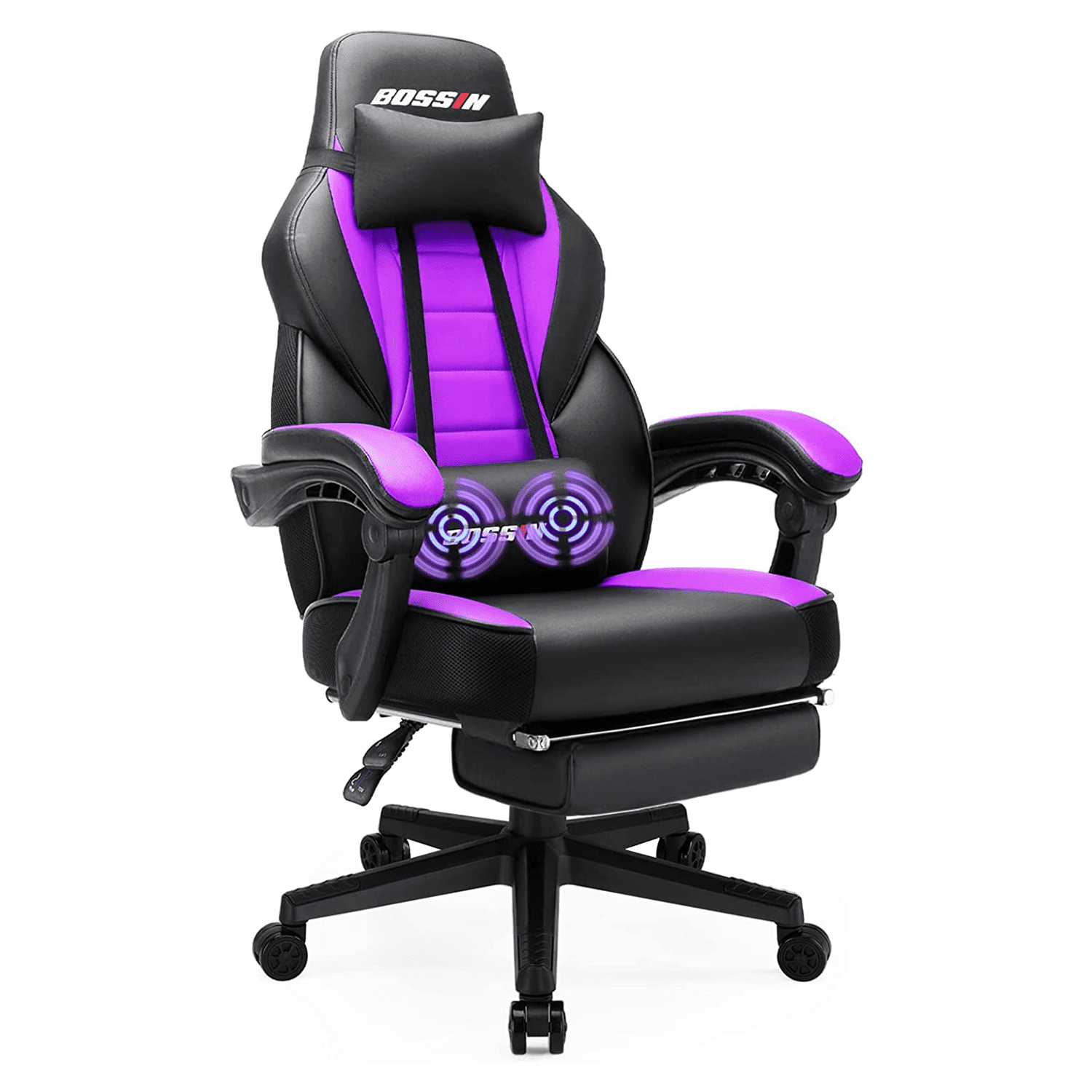 BOSSIN Adjustable Reclining Ergonomic Faux Leather Swiveling PC & Racing Game Chair with Footrest in Purple