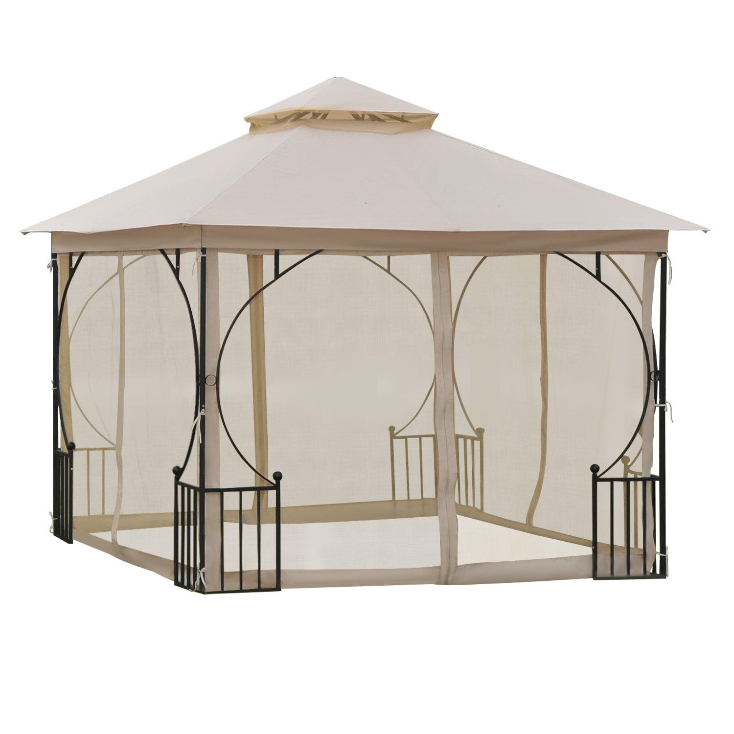 Beige 10x10 ft Metal Frame Patio Gazebo with Netting