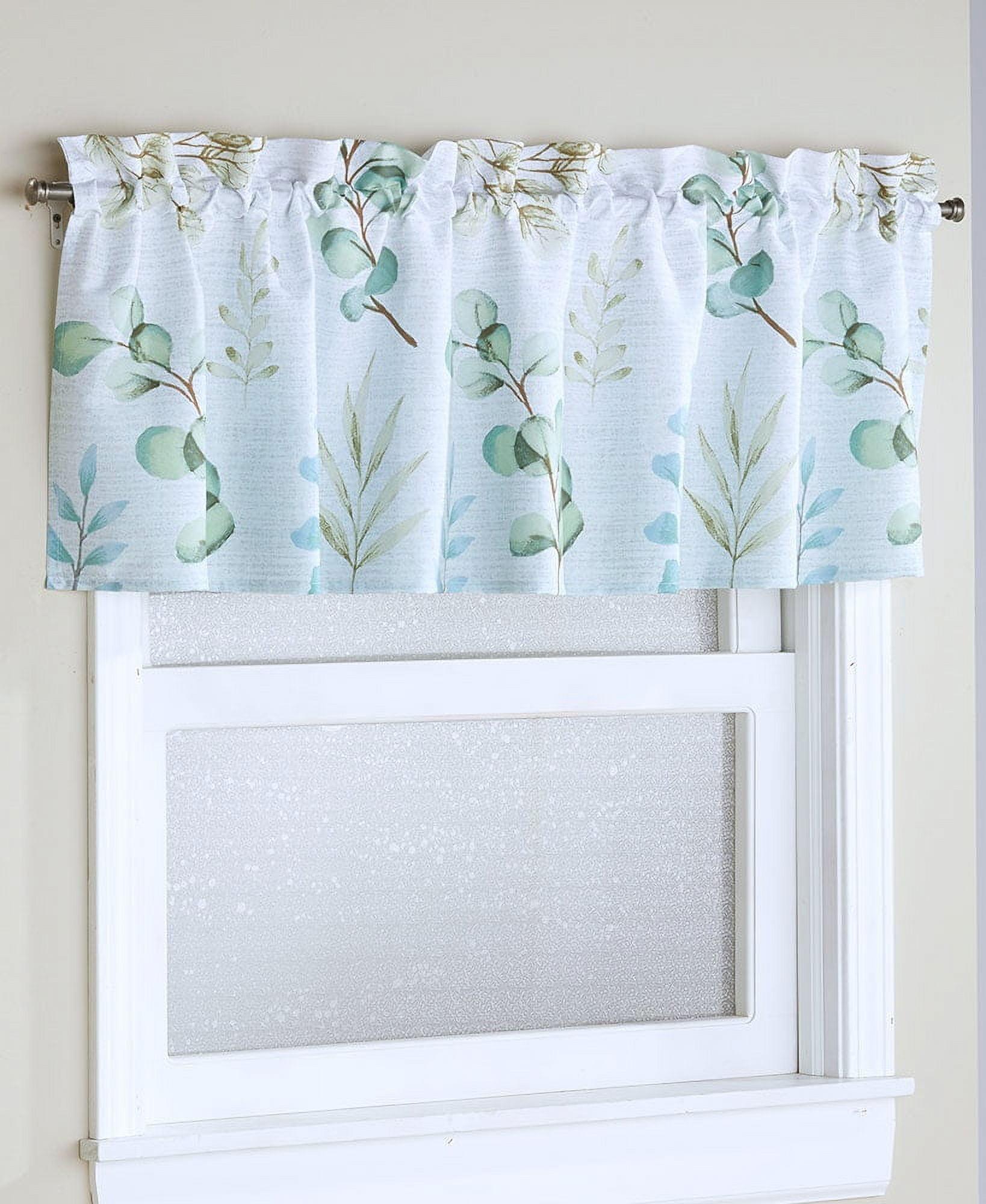 Light Blue Botanical Leaves Polyester Rod Pocket Valance