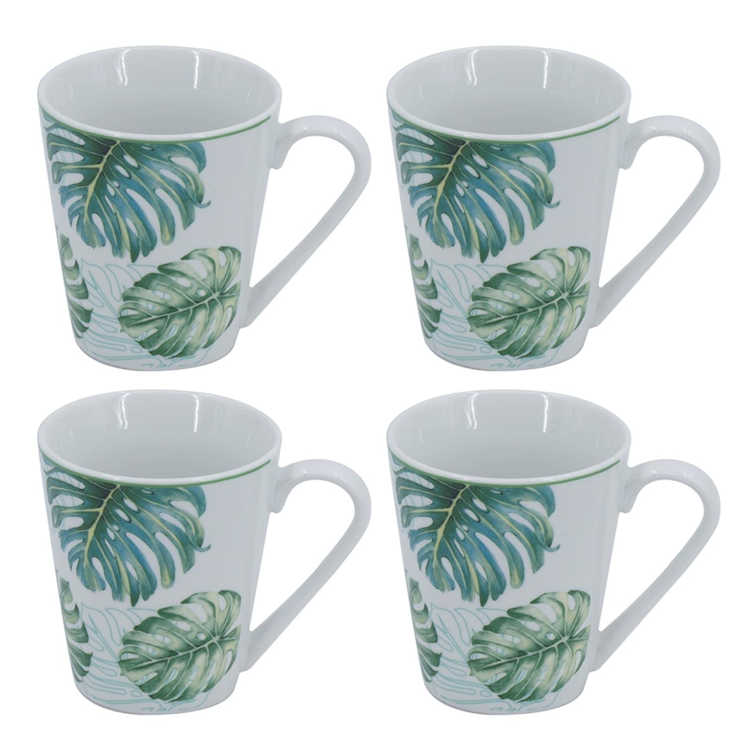 Botanical Porcelain 10 Oz. Mugs - Set Of 4 - 4.7" X 3" X 4" - Green