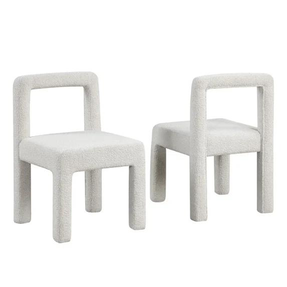 Boucle Upholstered Dining Chair Set of 2, Modern Dining Room Furniture Open Square Back Side Chair Set, Cream