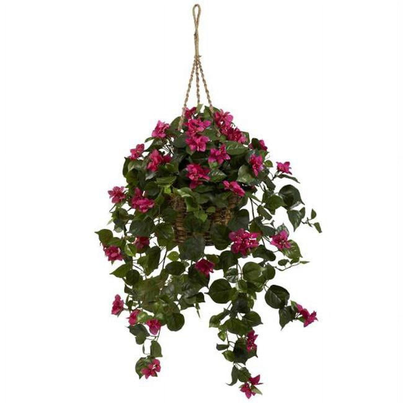 Nearly Natural Bougainvillea Silk Hanging Basket: Indoor Faux Floral Decor, Wicker Basket