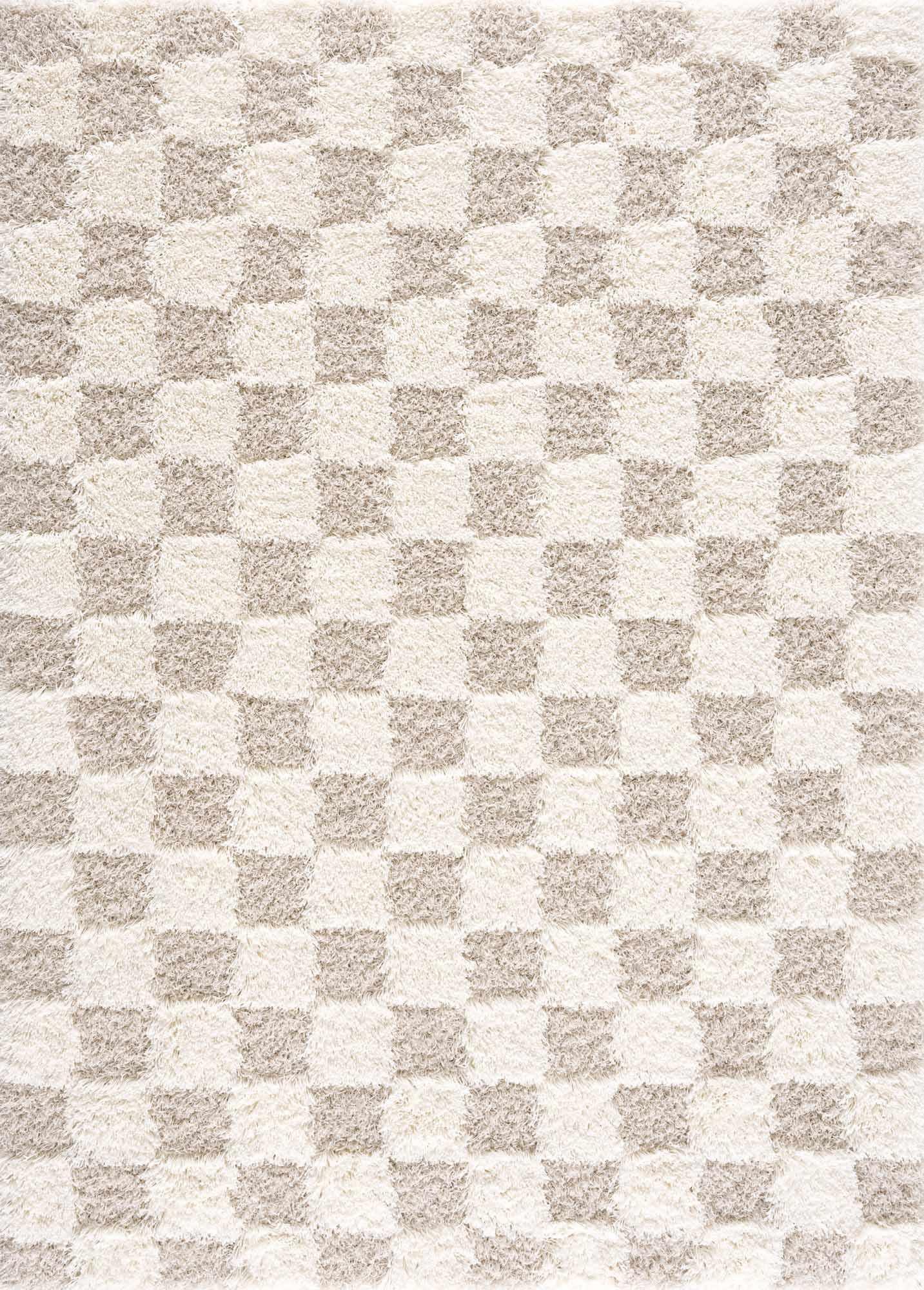 Light Brown and Cream Checkered Shag Area Rug 6'7" x 9'6"