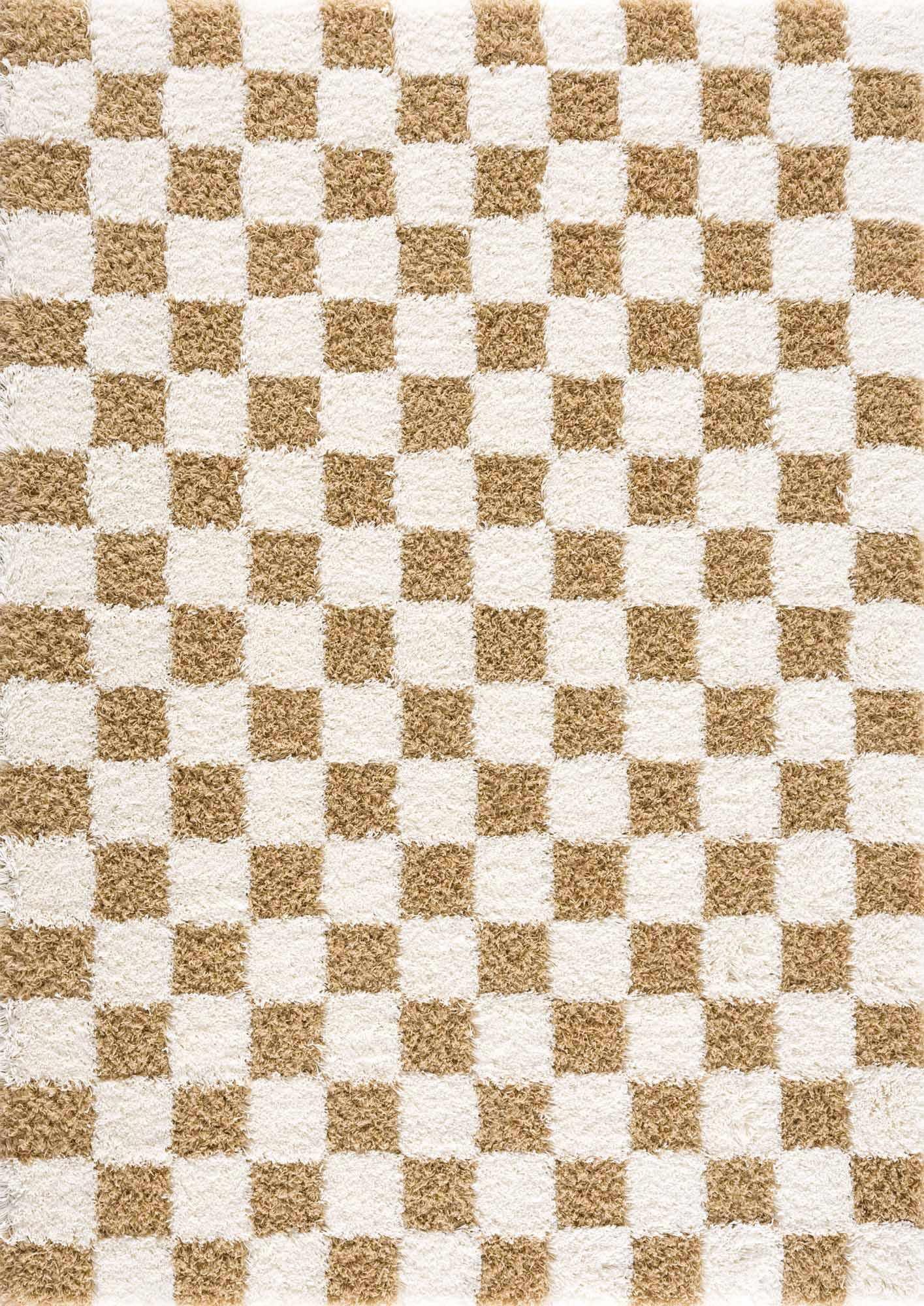 Light Mustard and Cream Checkered Shag Rug for Kids