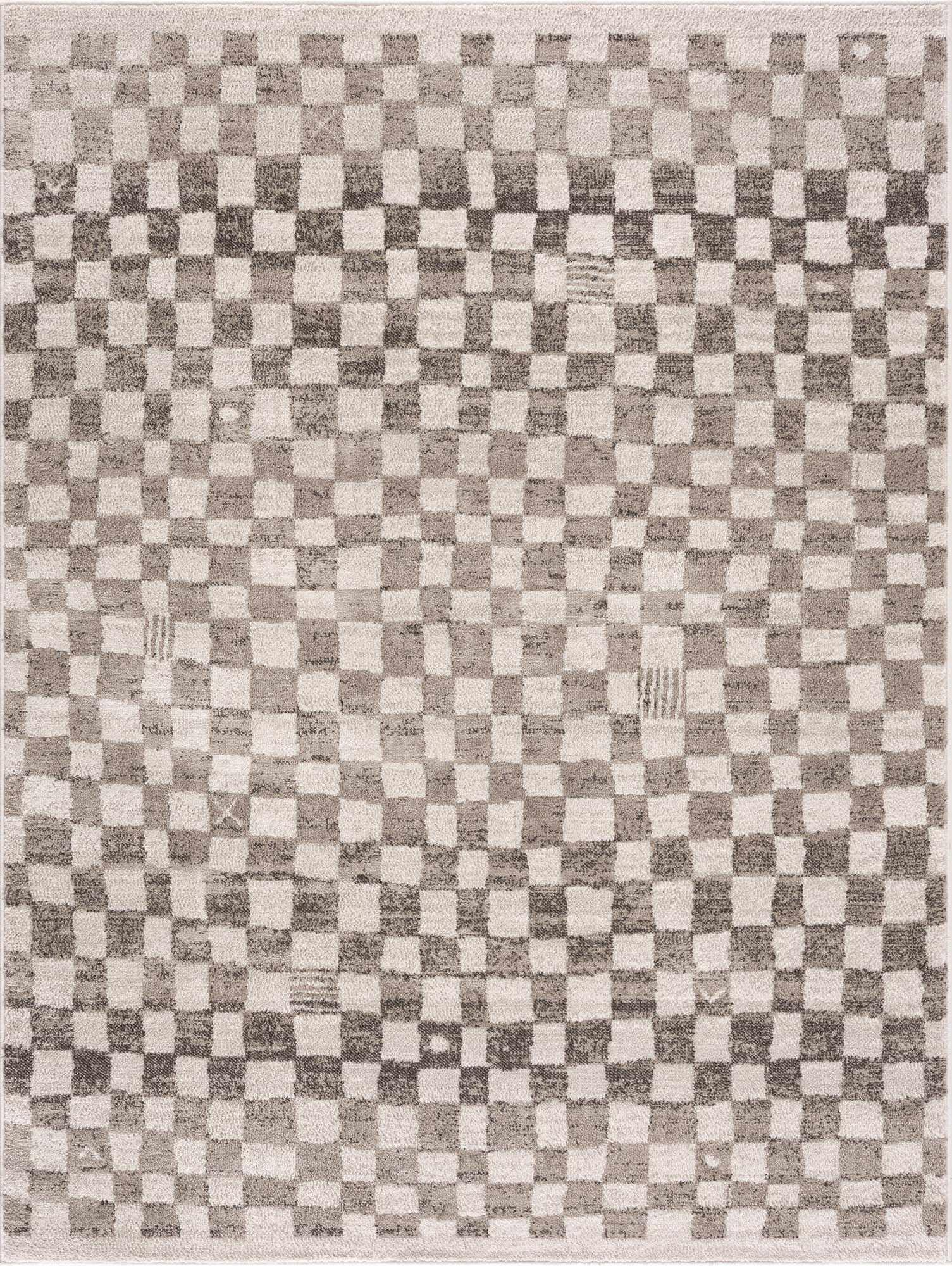 Hauteloom Pertek Modern Checkered Area Rug - Modern Geometric Carpet for Living Room, Kids Room, Nursery - Bohemian Boho Carpet - Brown, Beige, Cream - 7'10" x 10'