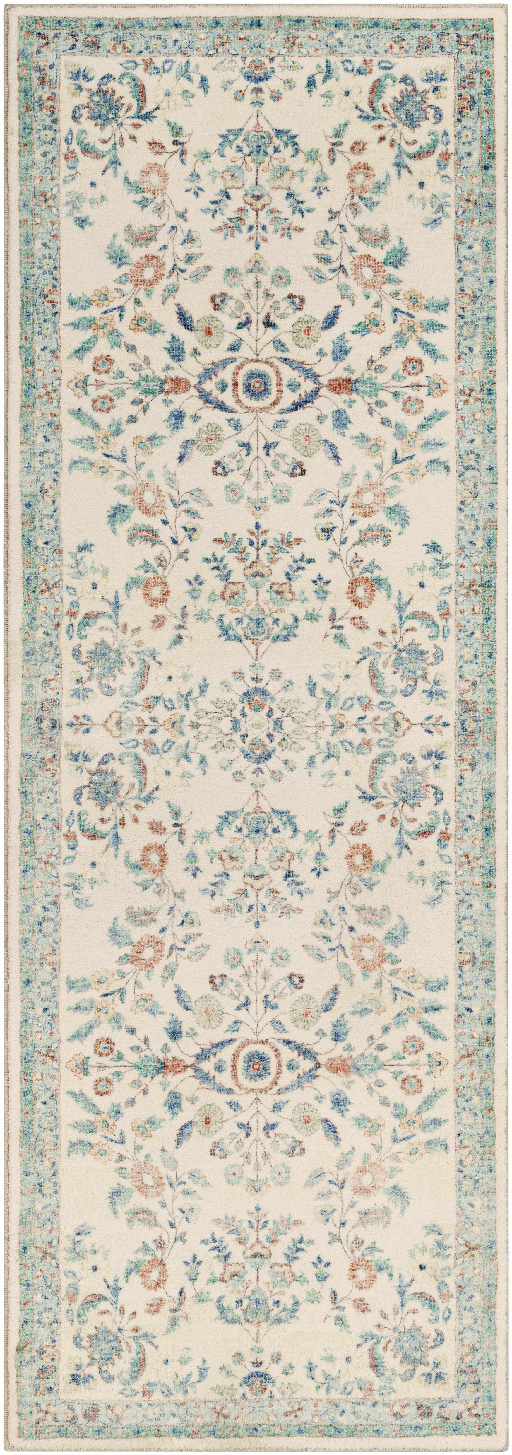 Blue and Cream Floral Synthetic Runner Rug