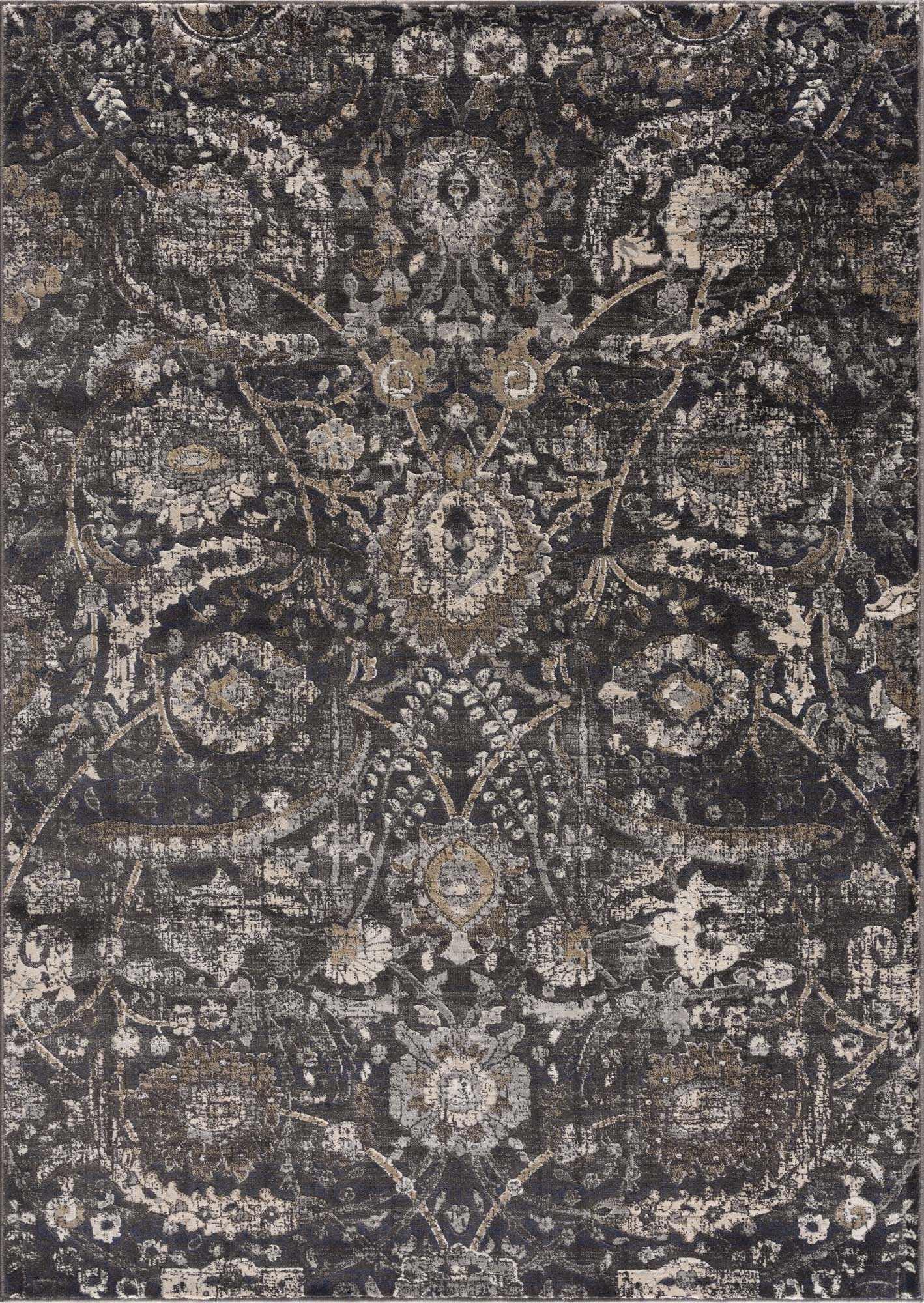 Black and Charcoal Floral Medium Pile Area Rug