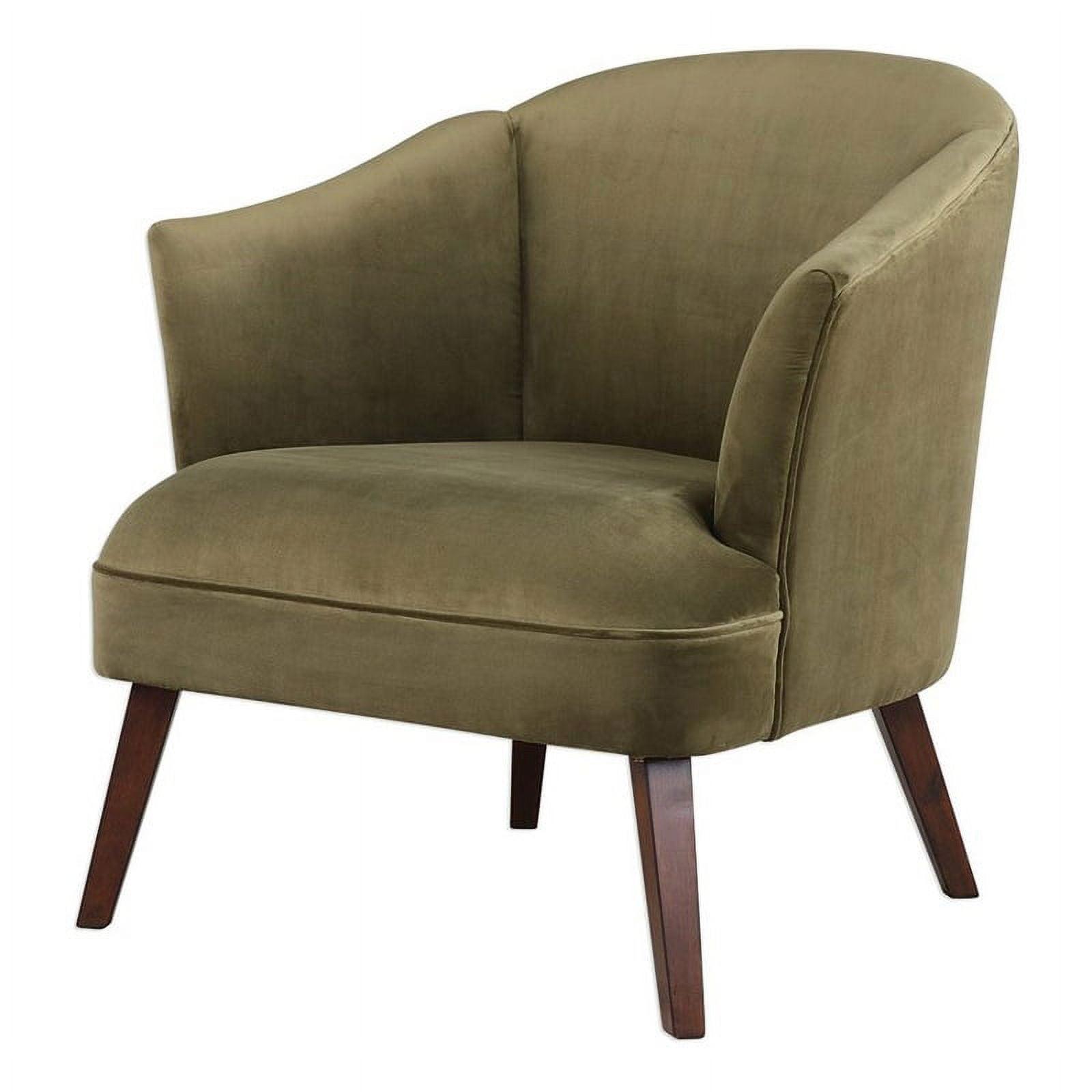 Olive Green Velvet Barrel Accent Chair with Dark Walnut Legs