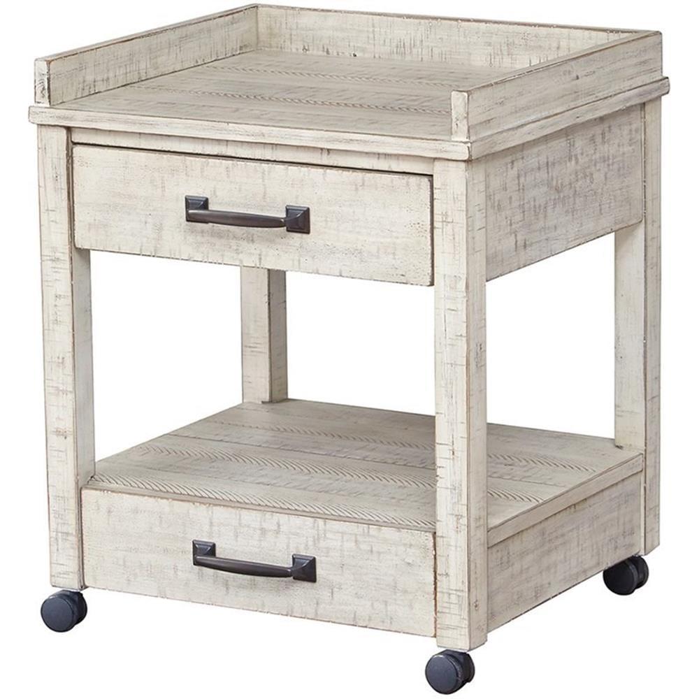 Whitewash Pine Wood Farmhouse Mobile Printer Stand with Drawers