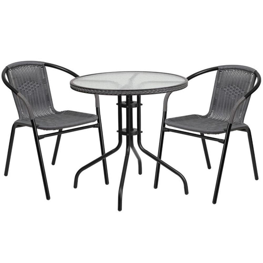 Flash Furniture Lila 28'' Round Glass Metal Table with Gray Rattan Edging and 2 Gray Rattan Stack Chairs
