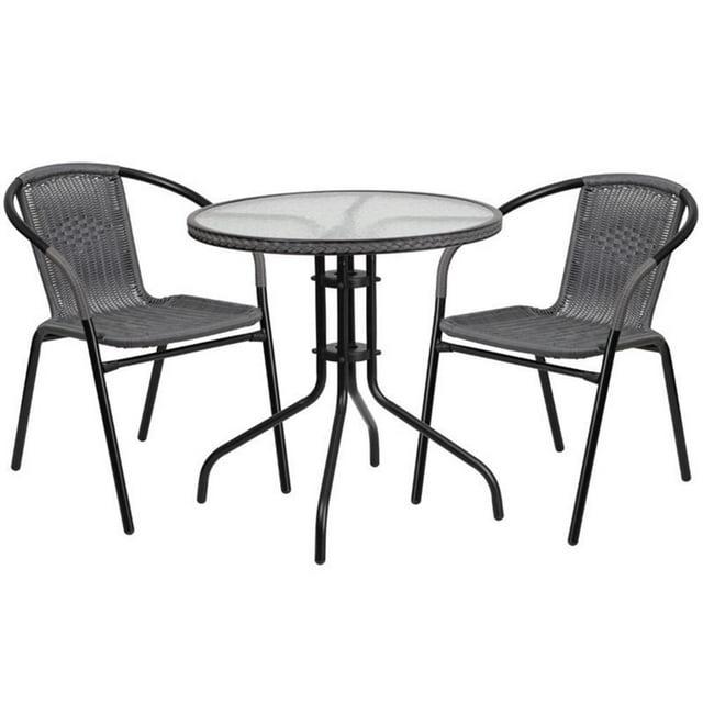 Flash Furniture Lila 28'' Round Glass Metal Table with Gray Rattan Edging and 2 Gray Rattan Stack Chairs