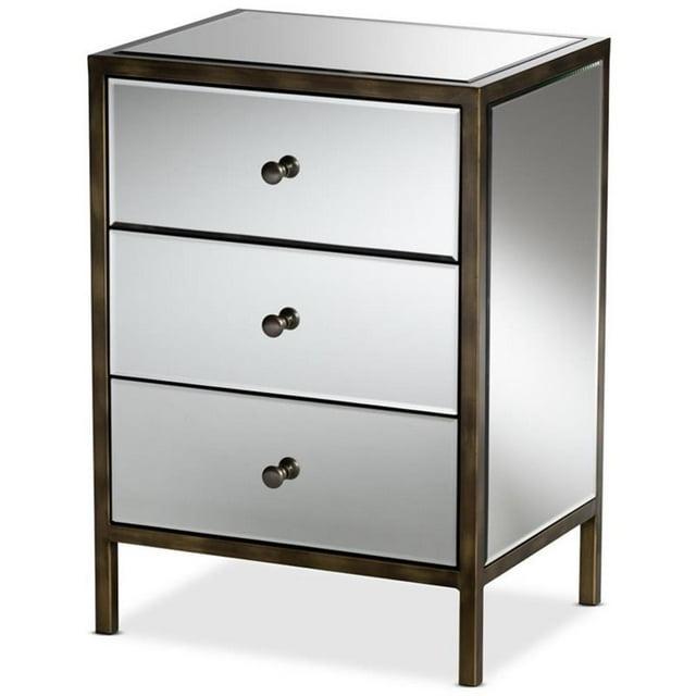 Nouria Mirrored 3 Drawer Nightstand: MDF Wood, Antique Brass Trim - BaxtonStudio