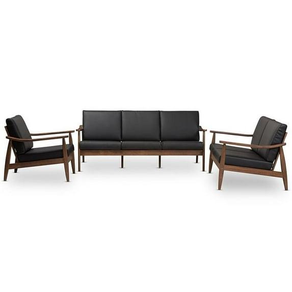 Baxton Studio Venza Mid-Century Modern Walnut Wood Black Faux Leather 3-Piece Livingroom Set