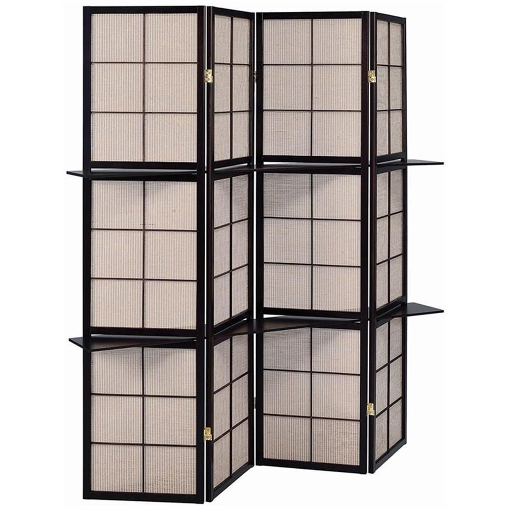 Tan and Cappuccino 4-Panel Folding Room Divider with Shelves