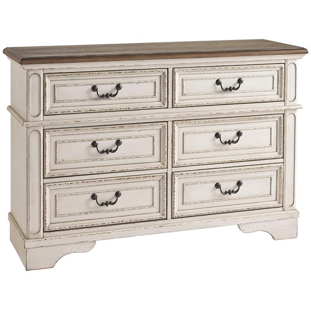 Chipped White Cottage Double Dresser with Brown Top and Dovetail Drawers