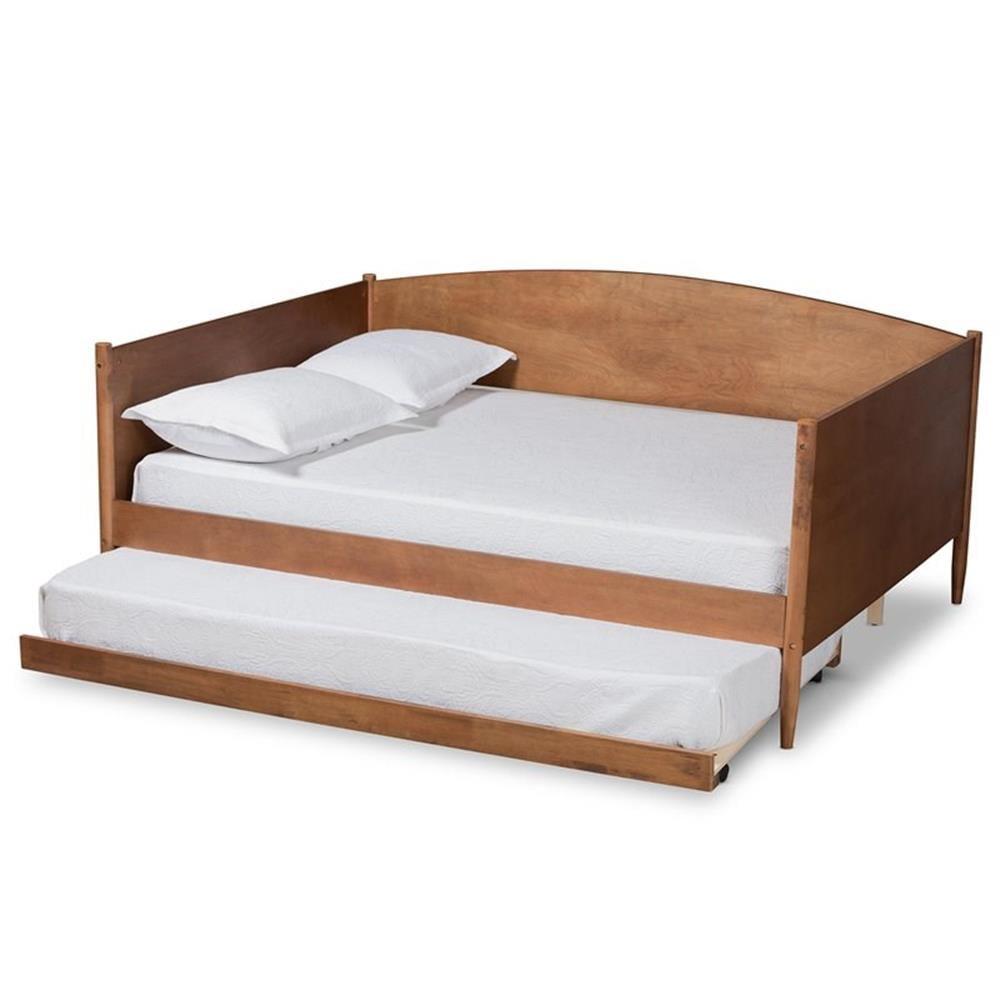 Baxton Studio Veles Mid-Century Modern Ash Walnut Finished Wood Full Size Daybed with Trundle