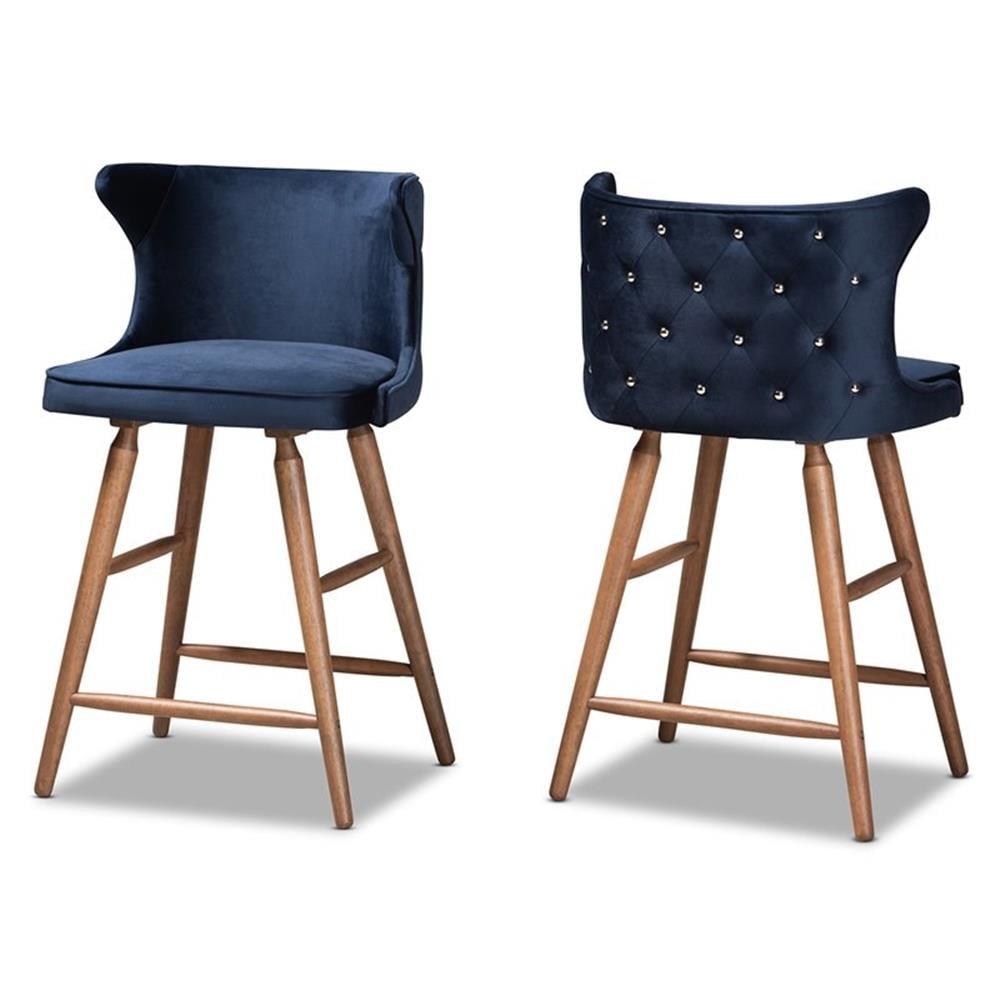 Navy Blue Velvet and Walnut Wood Counter Stools, Set of 2