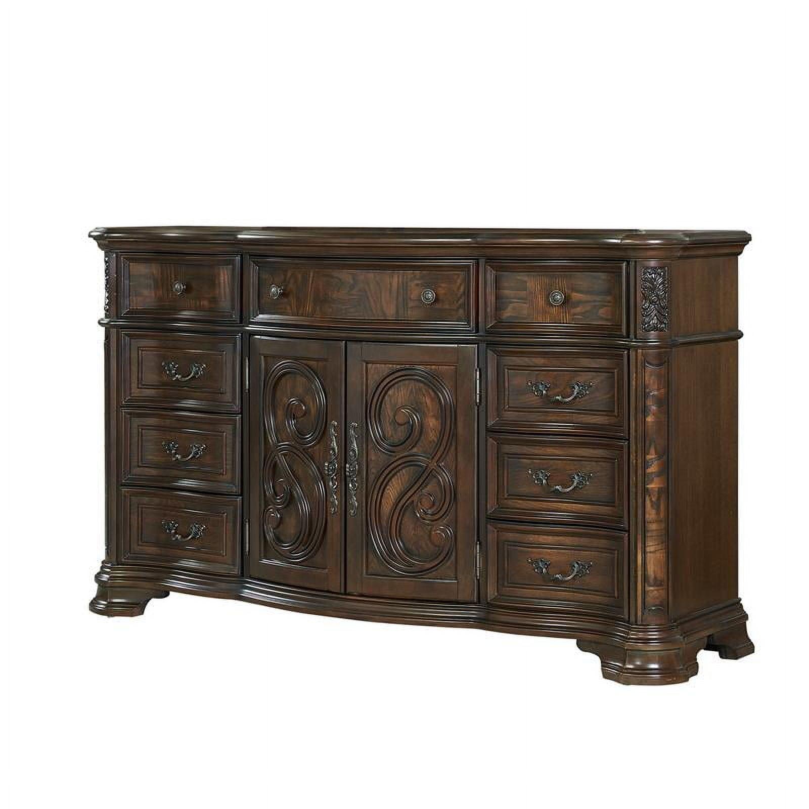 Elegant Brown Cherry 9-Drawer Horizontal Dresser with Antique Brass Accents