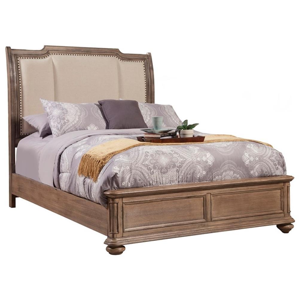 California King Wood Sleigh Bed with Upholstered Headboard and Nailhead Trim