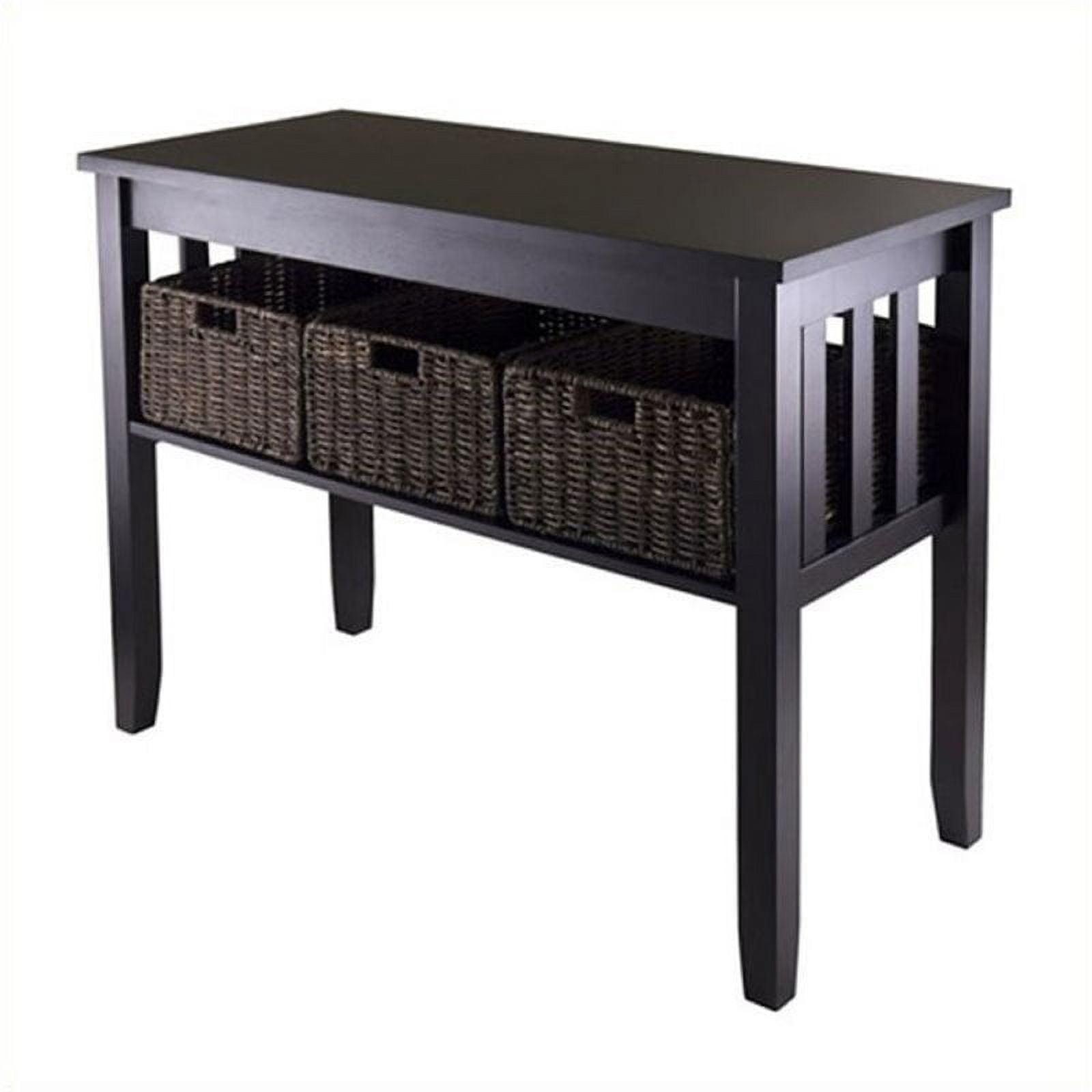 Transitional Espresso Brown Rectangular Console Table with Glass Top & Storage Baskets