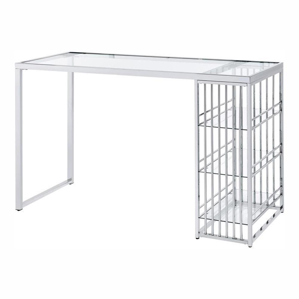 Contemporary Chrome Plated Glass Top Bar Table with Shelves