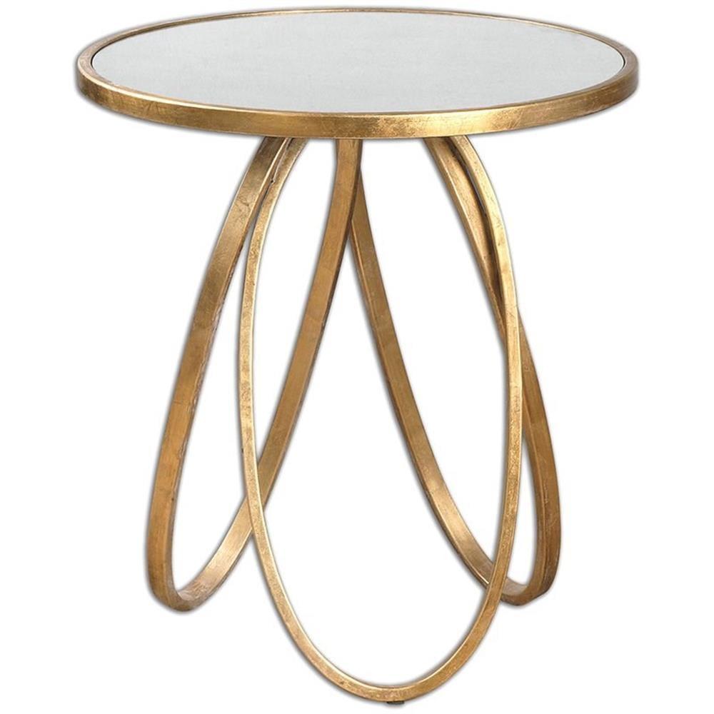 Gold Leaf Round Metal and Mirrored Accent Table