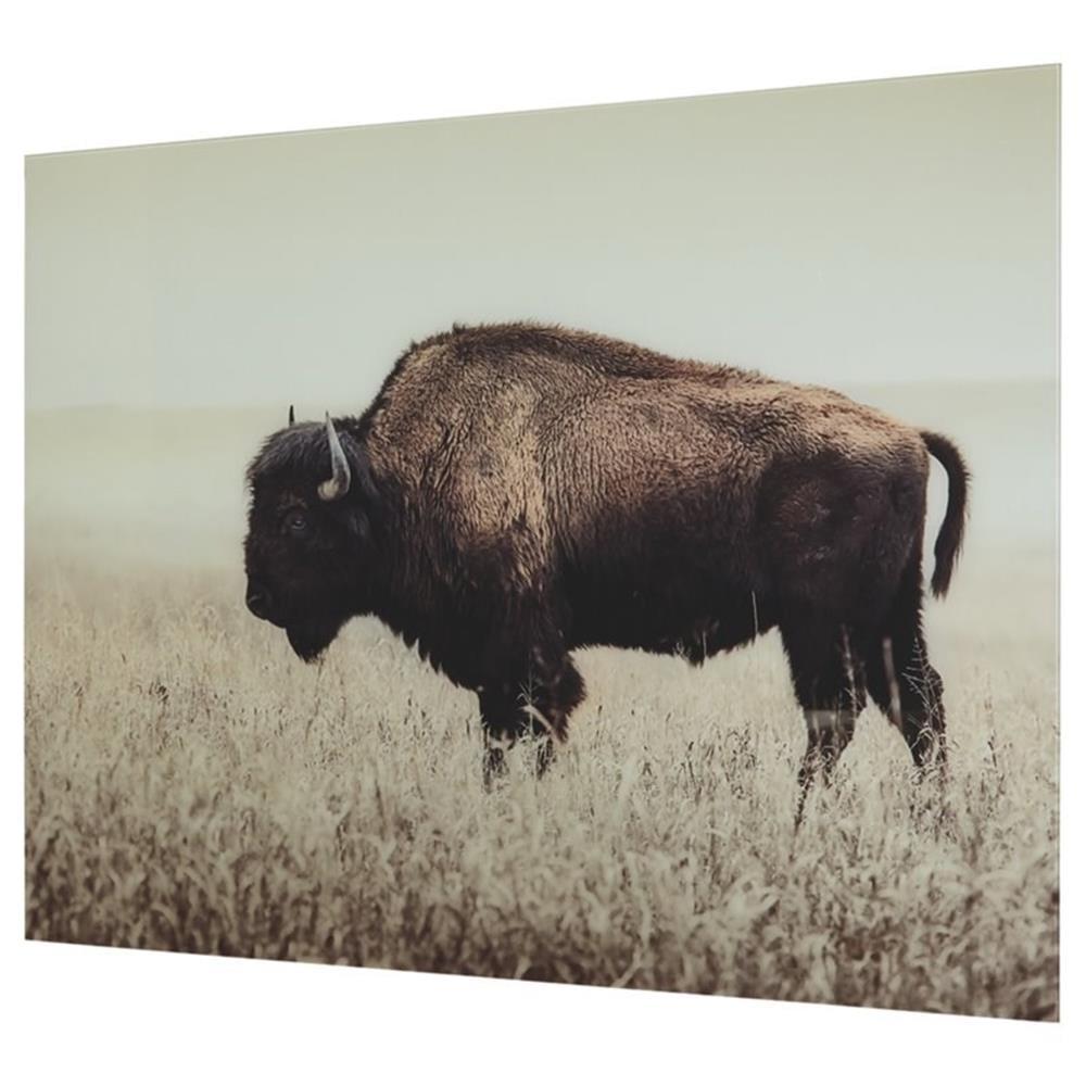 Sepia Glass Wall Art of Lone Bison in Field