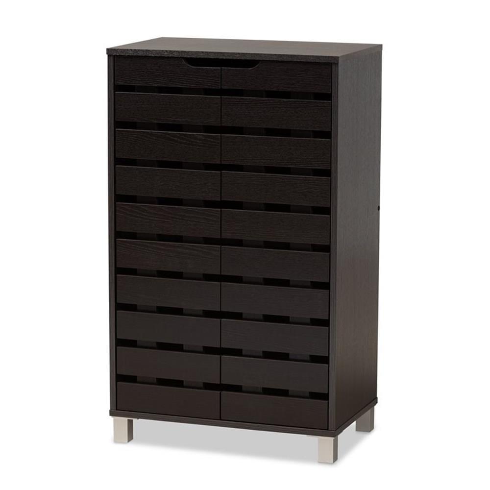 Shirley Modern and Contemporary Wood 2-Door Shoe Cabinet with Open Shelves - Dark Brown - Baxton Studio: Espresso Finish, Metal Frame, 10 Compartments