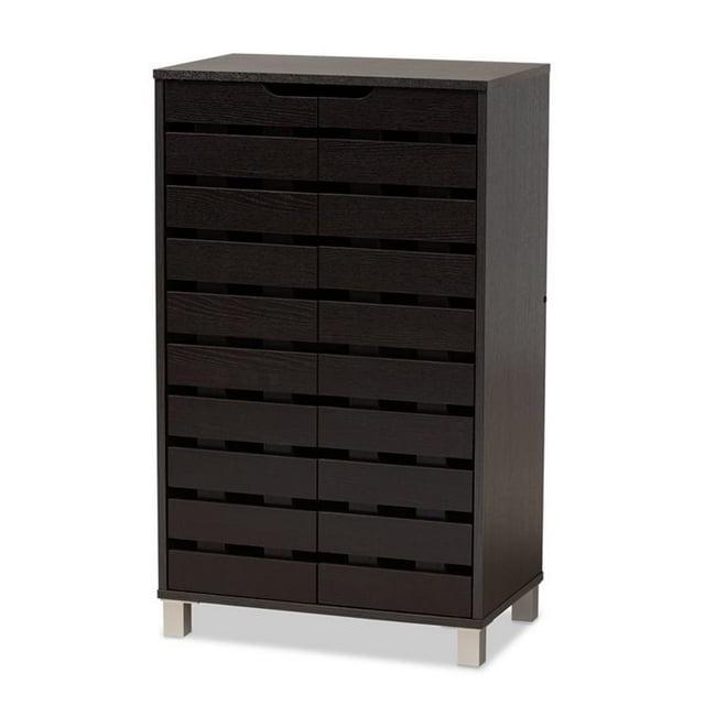 Shirley Modern and Contemporary Wood 2-Door Shoe Cabinet with Open Shelves - Dark Brown - Baxton Studio: Espresso Finish, Metal Frame, 10 Compartments