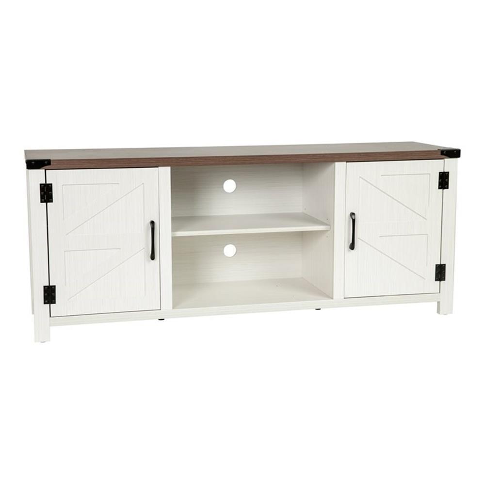 Emma + Oliver Barn Door Style TV Stand for up to 65" TV's - White Wash with Walnut Top Entertainment Center - 59" Media Console with Adjustable Middle Shelf