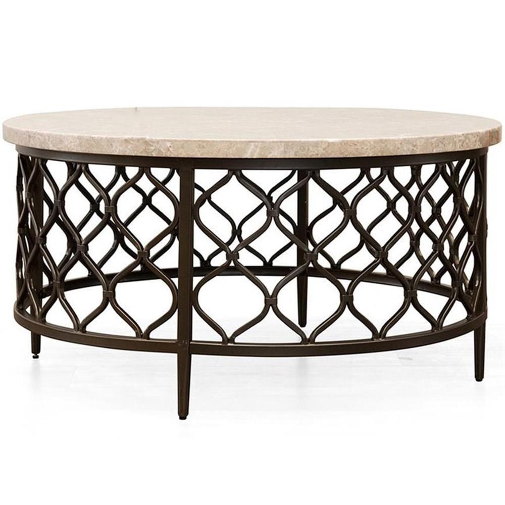 36'' Round White Stone Top Coffee Table with Bronze Metal Base