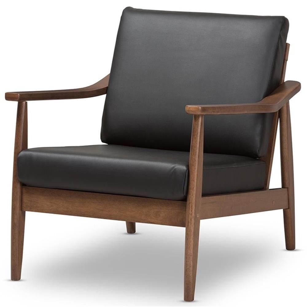 Venza Mid Century Modern Walnut Wood Faux Leather Lounge Chair Black - Baxton Studio: Indoor Armchair, Rubberwood Frame