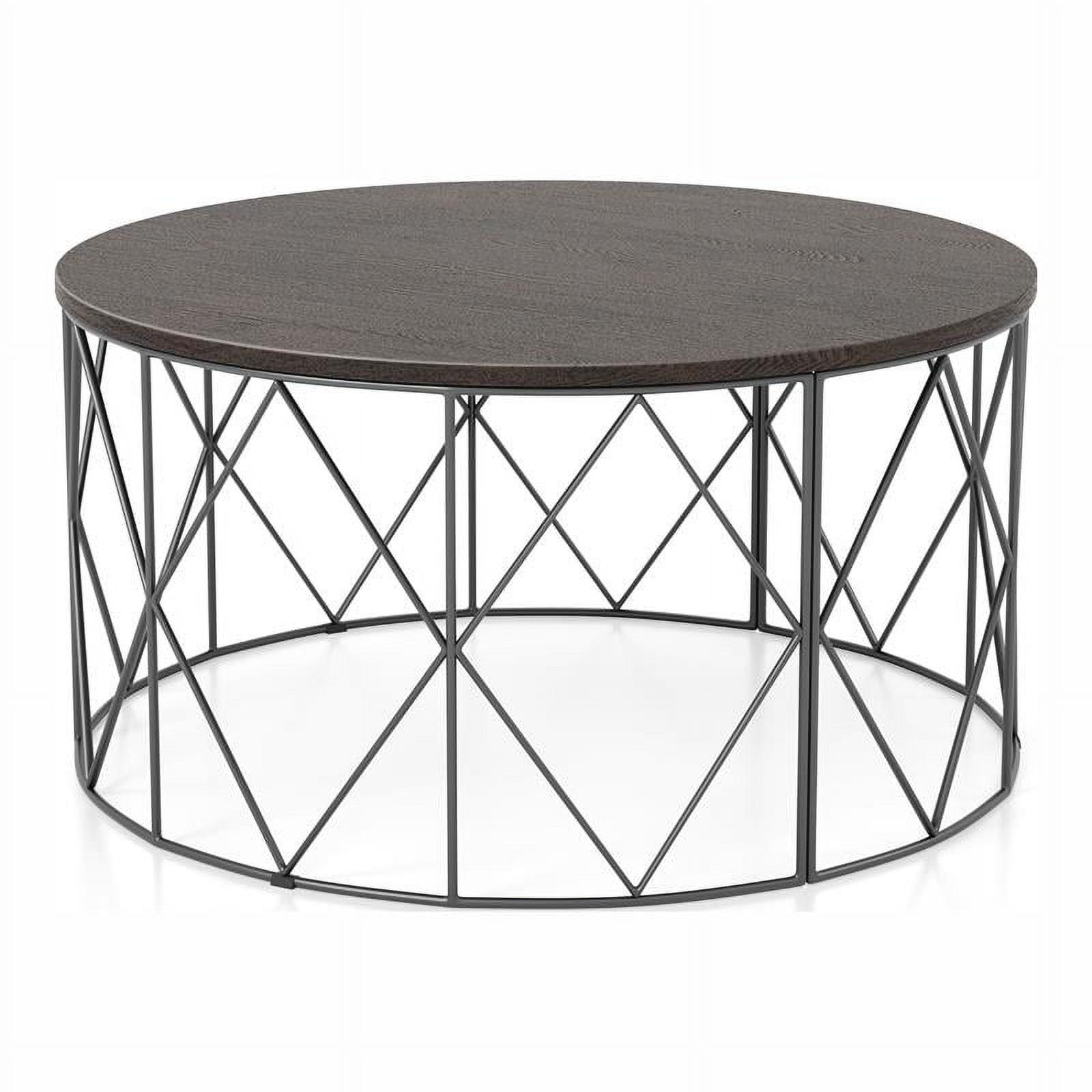 Industrial Walnut Wood and Black Metal Round Coffee Table