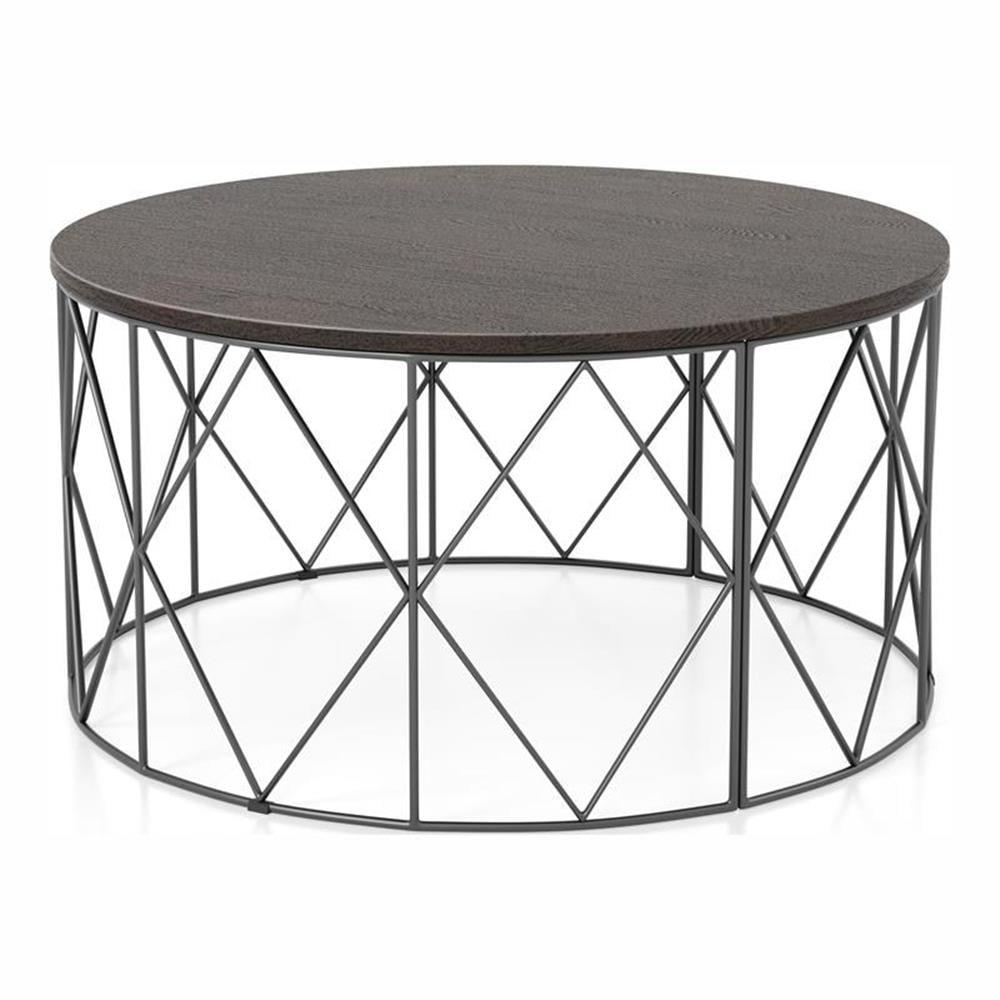 Industrial Walnut Wood and Black Metal Round Coffee Table