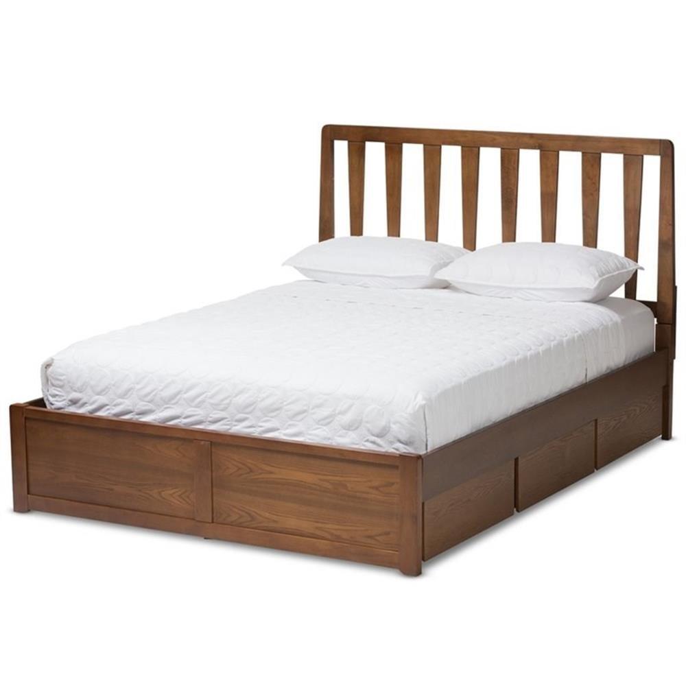 Walnut King Platform Bed with Slatted Headboard and Storage Drawers