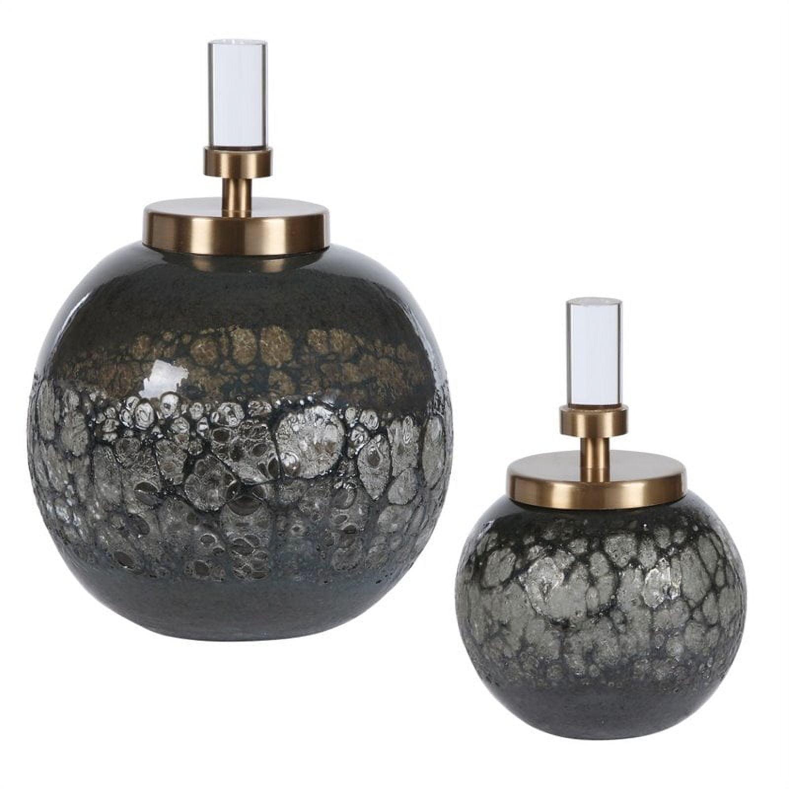 Iridescent Blue-Gray Art Glass Bottles with Brass Lids (Set of 2)