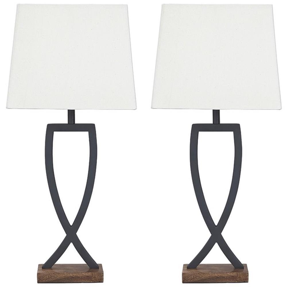 Set of 2 Black Metal Table Lamps with Wood Base